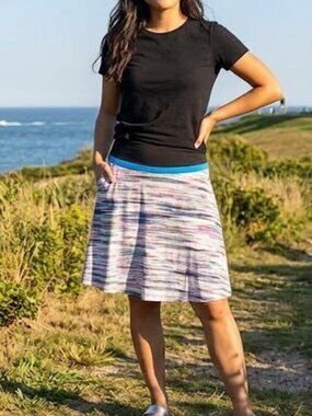 Dakini Black-Waist Multicolor Striped A-Line Skirt with Blue Band Pockets XS